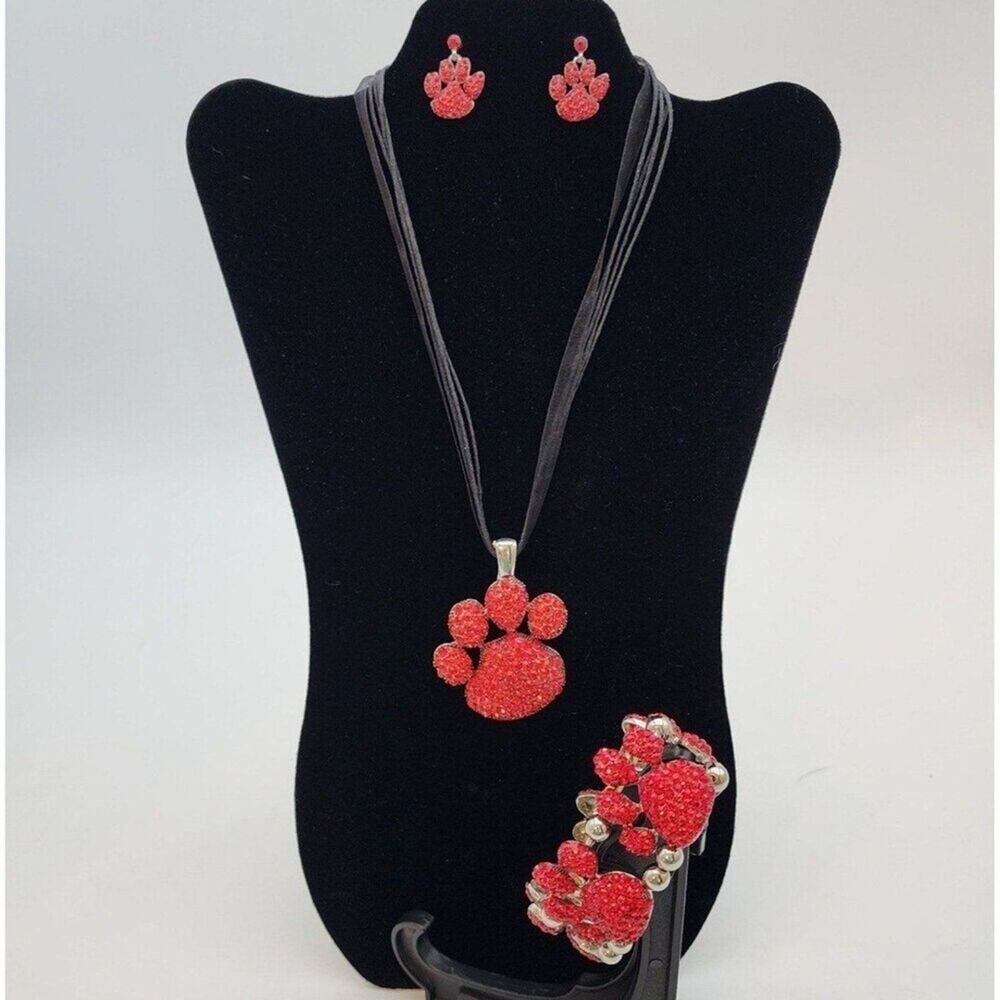 Bejeweled Red Paw Print Jewelry Set Pendant Choker Necklace Bracelet Earrings